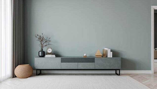 Living room featuring minimalist interior design with stylish accessories, promoting a harmonious atmosphere