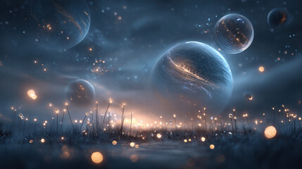 Naklejka premium Surreal glowing astronomy scene features floating luminous planets amidst dreamy landscape. Ethereal lights illuminate foreground, creating magical atmosphere
