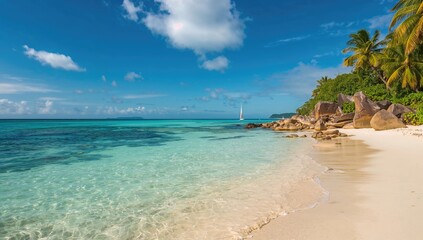 Fototapeta premium A picturesque coral beach featuring soft sands and clear waters, ideal for relaxation and nature appreciation