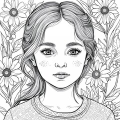 Fototapeta premium Black and white portrait of a young person with expressive eyes, framed by blooming flowers. Detailed line art, perfect for coloring or creative projects