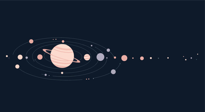 Stylized flat design illustration of the solar system with planets orbiting a central sun, representing space, astronomy, and the vast universe