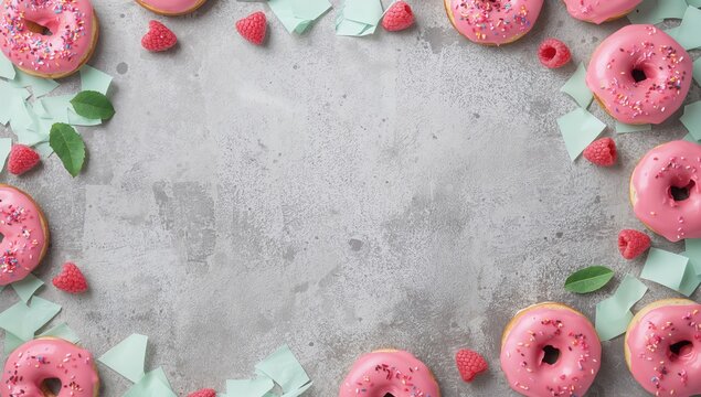 Colorful pink raspberry donuts displayed on a smooth gray concrete surface, enhanced by fresh mint accents, suitable for a festive celebration