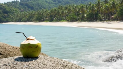 Fresh coconut drink on beach rock with ocean and palm trees background - Powered by Adobe