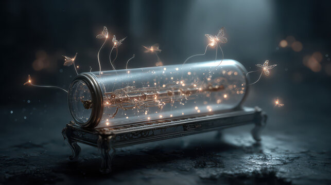 Surreal glowing instrument encased in glass, surrounded by floating luminous butterflies and ethereal light. enchanting scene evokes sense of wonder and magic