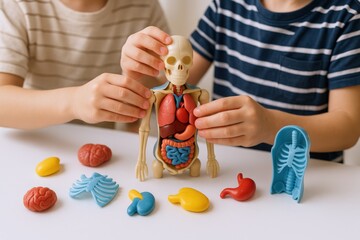 Kids Learning Anatomy: Children Exploring Human Body Model, Educational Science Project, Homeschooling Resource