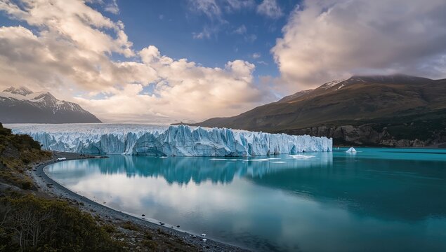 Journey to the End of the World, Chilean Patagonia under sunny skies with cloud cover, reflecting blue ice glacier in the lake