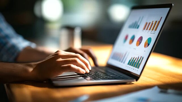 A business analyst reviews performance data on a laptop hyper realistic dashboards with vivid metrics moody shadows on a desk bright saturation in analytics visuals business