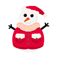 A jolly snowman wearing a red winter coat and Santa hat, radiating warmth and Christmas spirit.