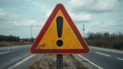 Close-up of a caution sign with a prominent black exclamation mark on a yellow background, alertness reminder