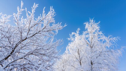 Frozen tree branches blanketed in fluffy white snow against a blue sky, highlighting the harshness of winter