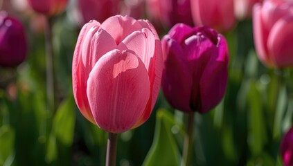 Fototapeta premium Close-up of vibrant pink and purple tulips in spring sunlight, ideal for floral layouts
