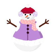 A cute snowwoman dressed in a purple coat, pink scarf, and earmuffs, bringing a playful winter charm.