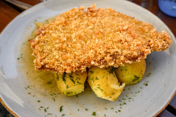 Fried pork chop in breadcrumbs served with potatoes