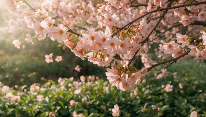 Full bloom of peach flowers on the branches with a natural spring garden backdrop