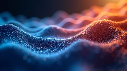 Vibrant digital waves of sparkling particles transition from cool blue to warm orange, creating a dynamic and energetic abstract background.