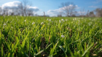 Obraz premium A vibrant patch of sprouting green plants emerging from the grass, soaked in sunlight, illustrating seasonal growth