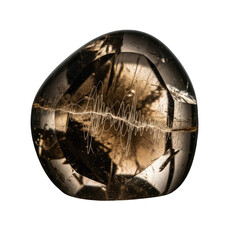 A polished smoky quartz gemstone with internal fractures and inclusions, isolated on a transparent background, showcasing its natural beauty and unique crystalline structure