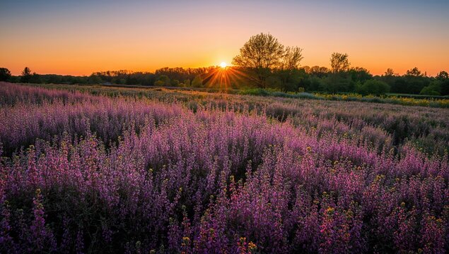 Landscape of a nature reserve with blooming heather fields at sunset, highlighting seasonal change