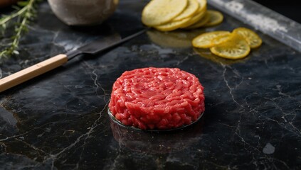 Chopped beef and steak tartare accompanied by pickles, protein-rich meal