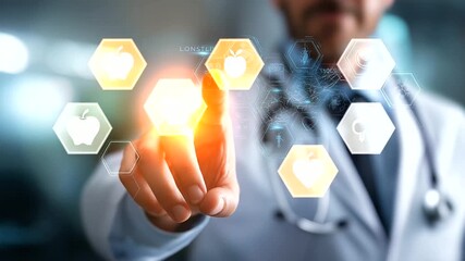 A doctor interacts with a digital interface of longevity technologies hyper realistic healthcare icons with clear details moody shadows on a screen bright saturation in - Powered by Adobe