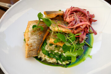 Pieces of fried trout with vegetables and spinach sauce