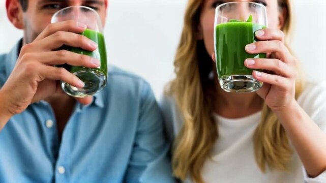 Happy Couple Drinking Healthy Green Smoothies for Wellness Video - Powered by Adobe