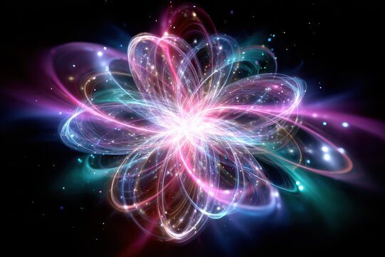 Colorful abstract representation of atomic structure and energy movements in space - Powered by Adobe