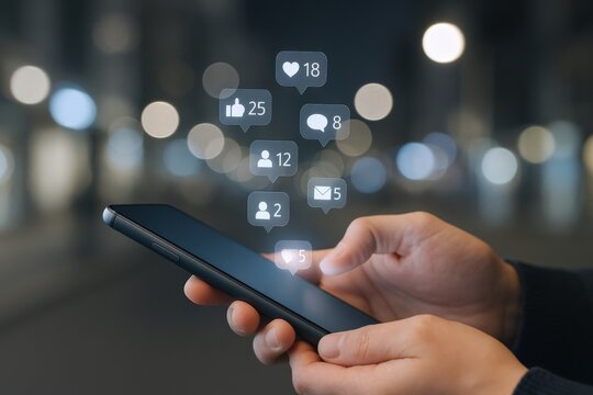 Social Media Engagement: Hands Using Smartphone with Notifications on a Blurred Urban Background