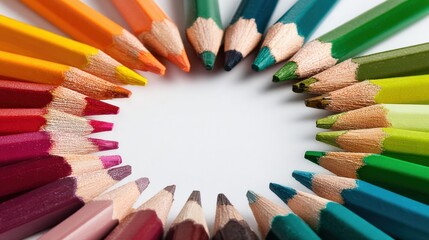 Obraz premium Colorful Pencils Arranged in a Circle on White Background, Representing Art, Creativity, and Education