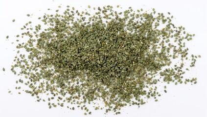 Overhead shot of dried coriander seeds on a white surface