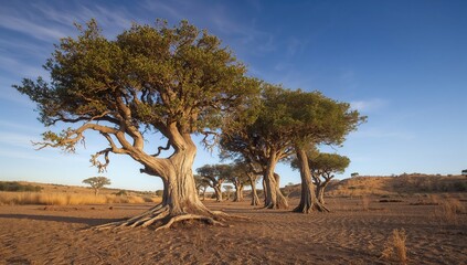 A cluster of trees located in a parched landscape during summer, emphasizing the effects of drought