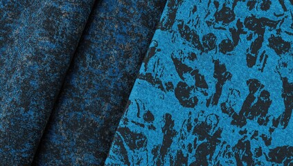 A bold blue and black patterned fabric with artistic folds, adding depth and texture for use as an editorial header background