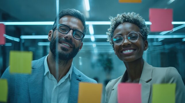 Smiling Business Professionals Collaborating on a Project with Sticky Notes, Demonstrating Teamwork and Strategic Planning in the Office