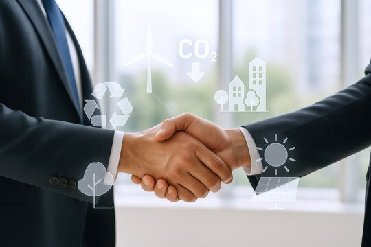 Sustainable Business Partnership: Businessmen shaking hands on environmental solutions with eco-friendly energy and recycling graphic overlays