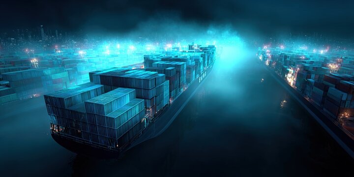 Futuristic Container Ship at Night: Maritime Logistics and Global Trade in a Cyberpunk Style