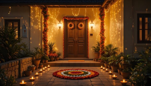 A beautifully decorated home entrance with lights and flowers for a festive celebration of diwali