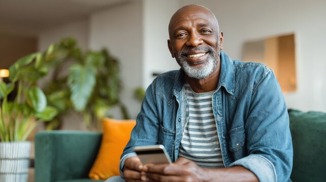 Happy Mature African American Man Relaxing at Home with Mobile Phone and Smiling