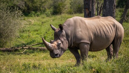 Obraz premium A rhinoceros relaxing and grazing in the wild, showcasing the need for wildlife preservation