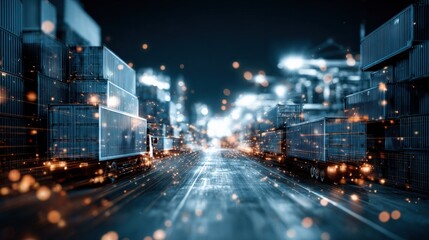 Modern Cargo Container Terminal at Night: Logistics, Shipping, Global Trade and Transportation