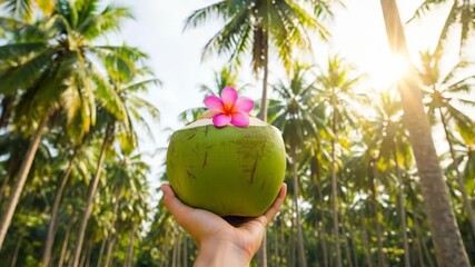 Fresh coconut drink tropical palm tree background - Powered by Adobe
