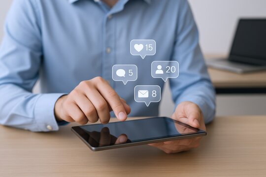 Social Media Engagement: Man Interacting with Tablet Displaying Notifications and Icons for Marketing and Communication