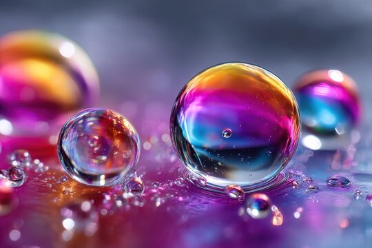 Colorful water droplets reflect vibrant hues on a surface in an artistic arrangement