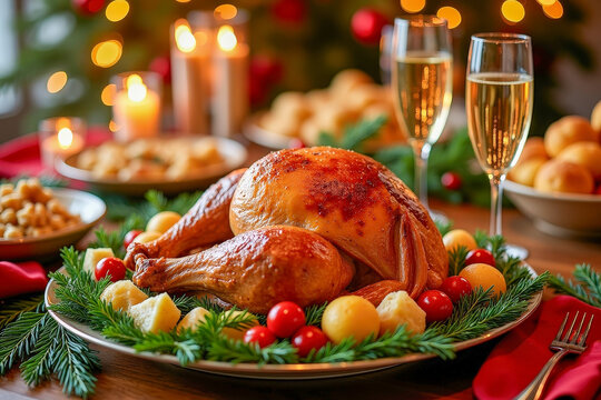 Baked chicken and other dishes cooked on thanksgiving day, Christmas - Powered by Adobe