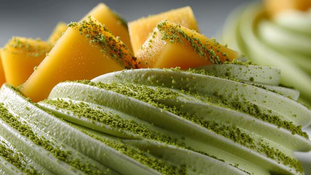 Close-up of layered avocado and mango slices sprinkled with seasoning Concept of exotic healthy cuisine and natural beauty
