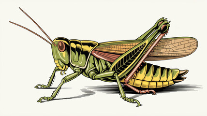 A detailed illustration of a grasshopper in a side view against a white background.