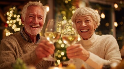 Happy Senior Couple Toasting with Wine During a Festive Christmas Dinner Celebration at Home