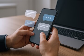 Hands Holding Smartphone with Chat Bubbles Displayed for Texting, Messaging, and Digital Communication