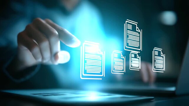 A professional manages electronic documents on a digital interface hyper realistic document icons with vivid details moody shadows on a screen bright saturation in approval