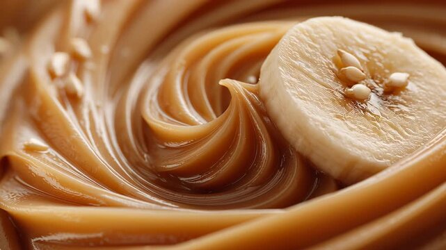 Banana slice resting on smooth caramel swirl with glossy texture Concept of sweet minimalism and dessert elegance