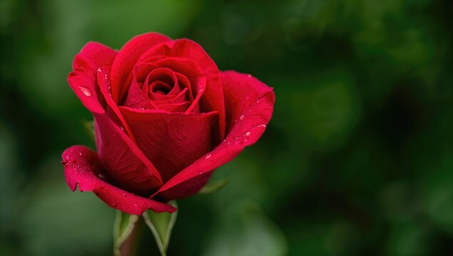 Close-up of a red rose adorned with water droplets, displaying open petals against a blurred green backdrop, highlighting the beauty of nature